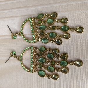 Green crystal gold tone chandelier earrings pierced